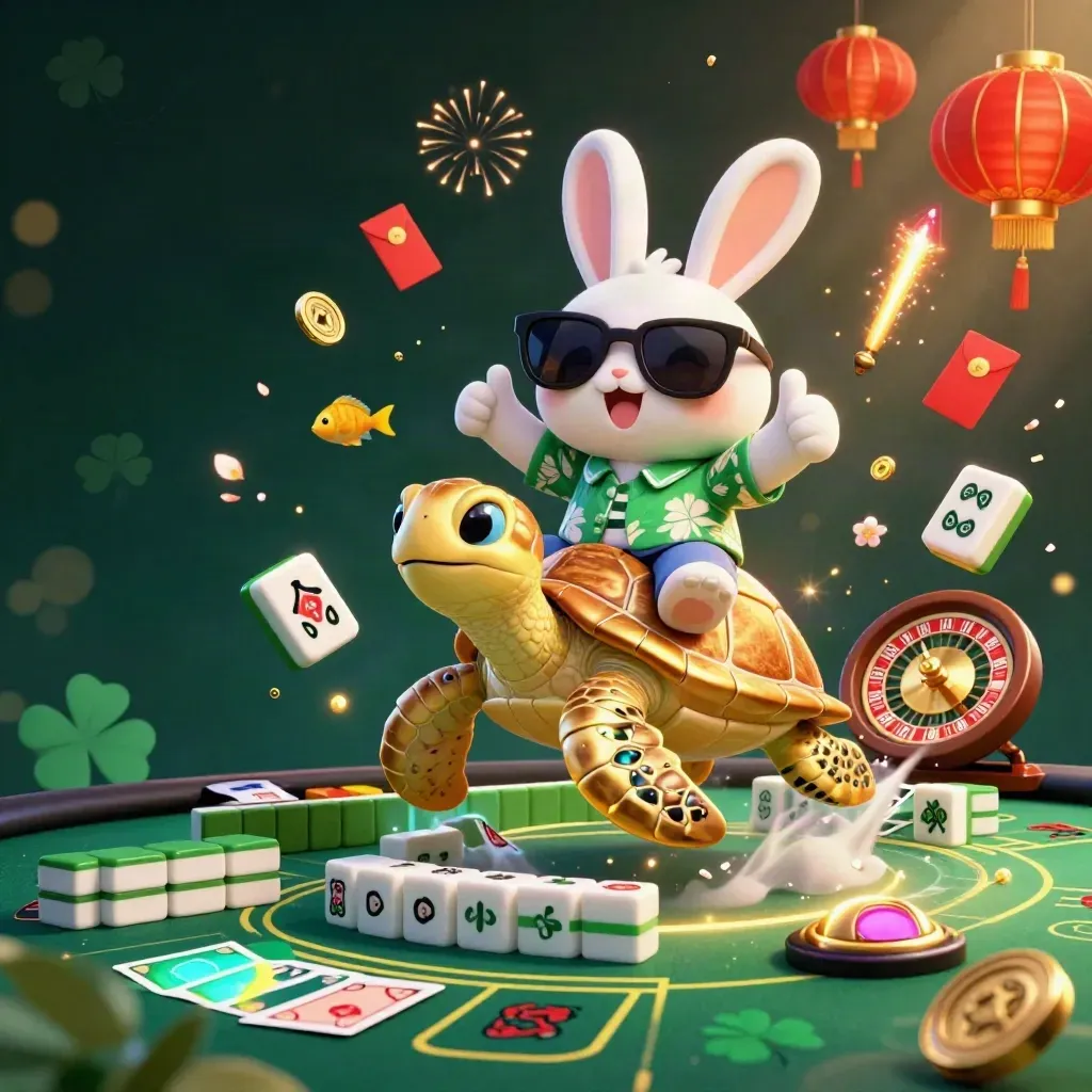 Lucky rabbit rides a golden sea turtle through casino treasures, lanterns, coins, and glowing light.