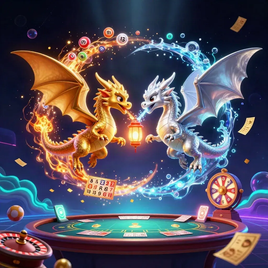 Twin gold and silver dragons spiral with casino treasures in a cosmic neon scene.