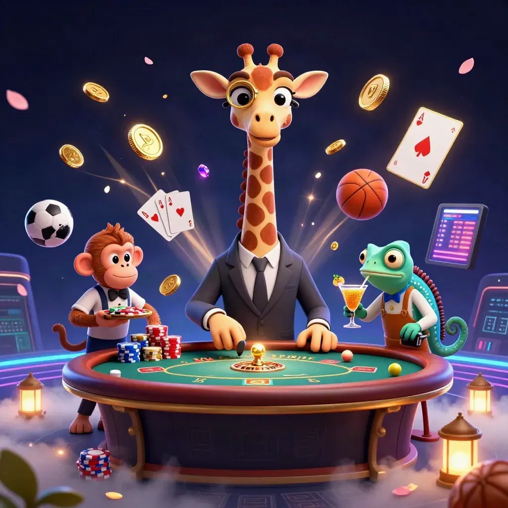 Giraffe, monkey, and chameleon at a glowing casino table with coins, chips, and sports balls.