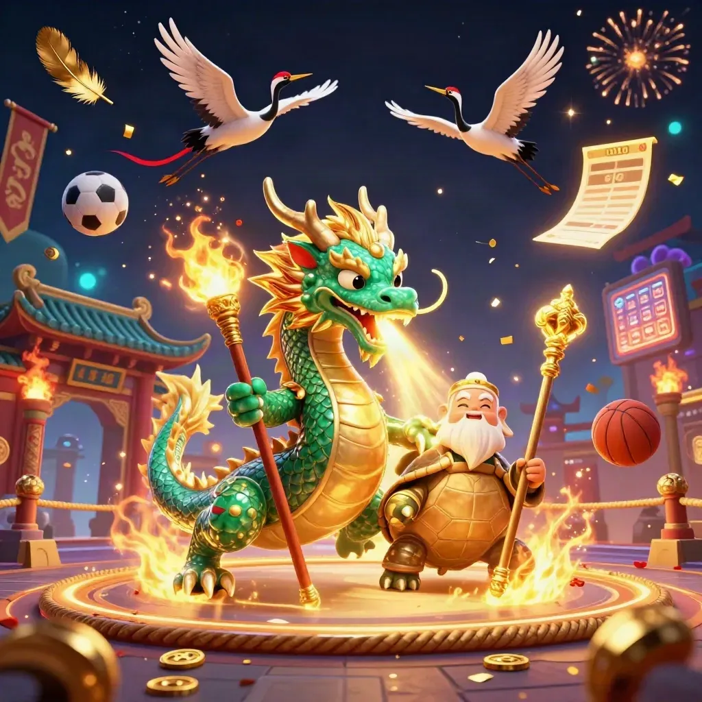 Jade dragon, turtle sage, and cranes amid gold fire, coins, and neon cosmic casino effects.