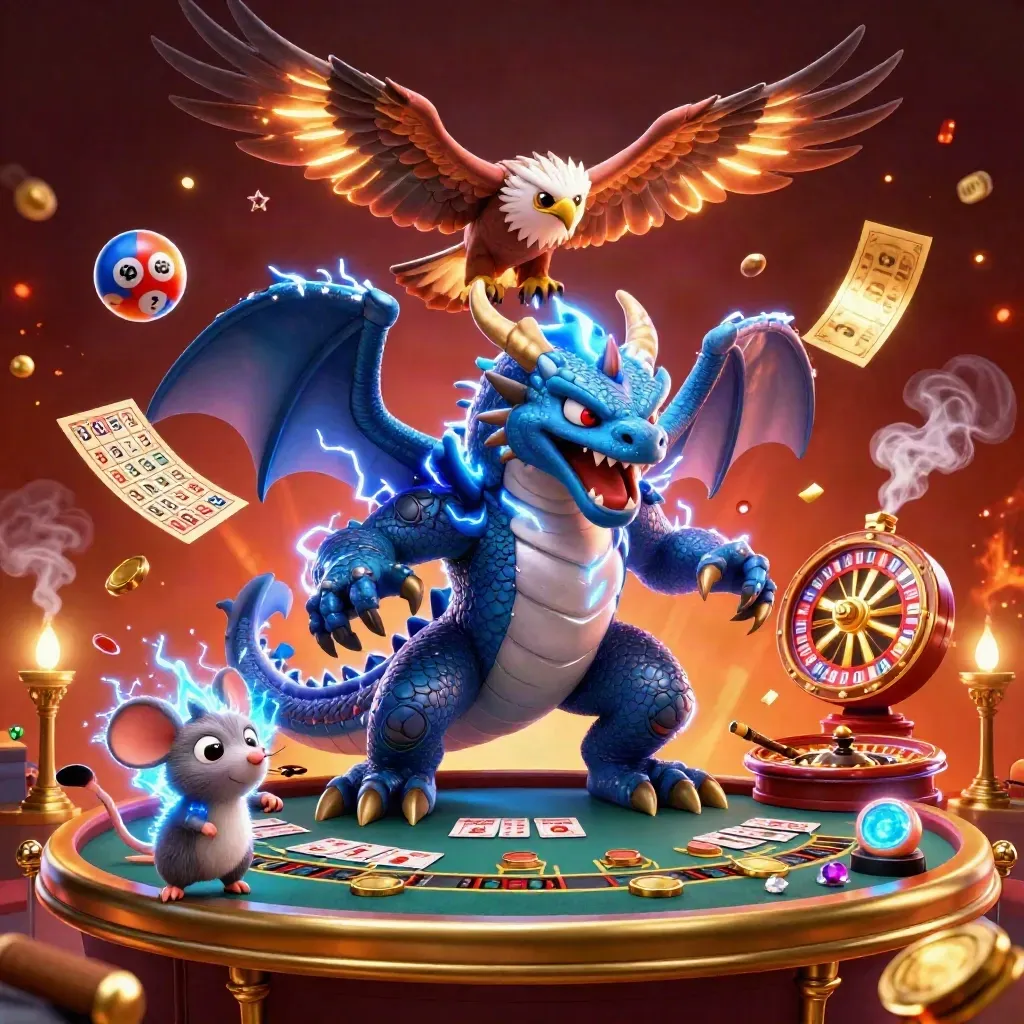 Thunder dragon, wind hawk, and static mouse amid casino game icons and cosmic glow.