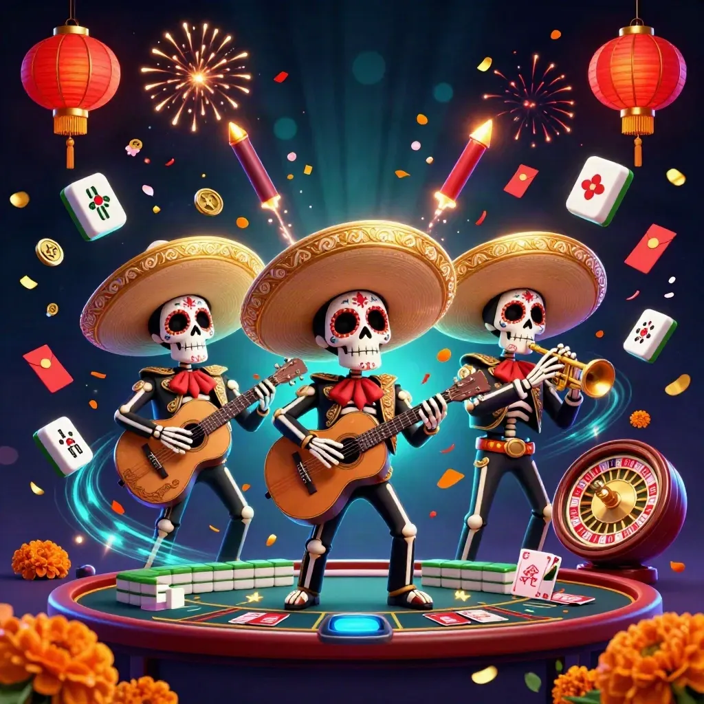Day-of-the-Dead skeleton mariachi trio amid casino glow, lanterns, coins, fireworks, and roulette.