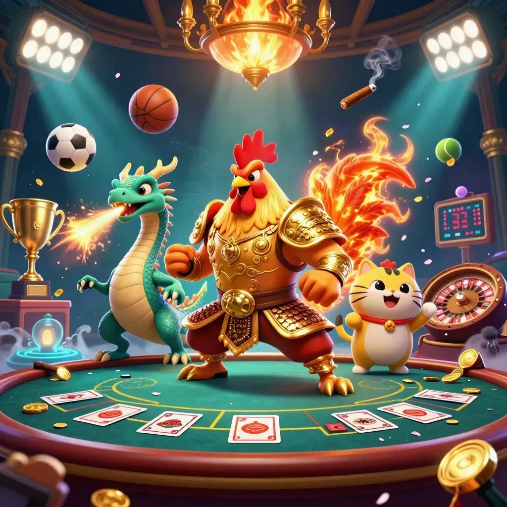 Rooster warrior, spark-breathing dragon hatchling, and cheering fortune-cat in a luxe casino glow.