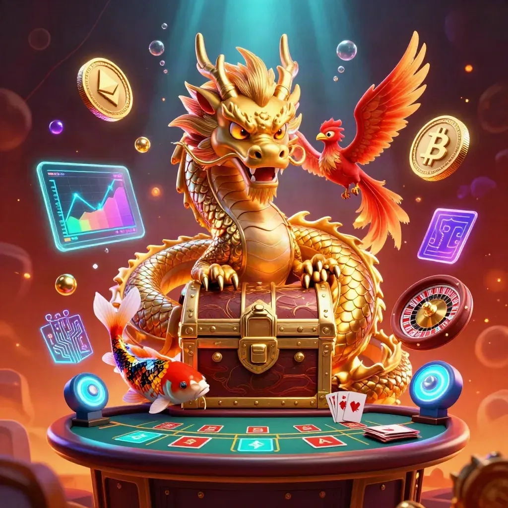 Golden dragon, phoenix, koi, casino props, neon coins, and cosmic glow in a luxe crimson scene