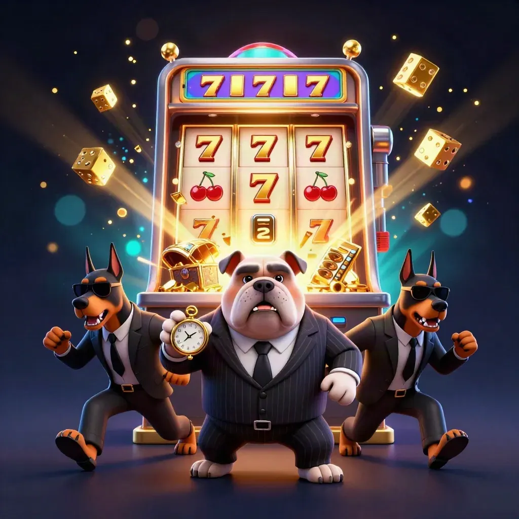 Bulldog boss and two Dobermans amid bursting slot machine, gold, dice, and treasure on a navy cosmic background