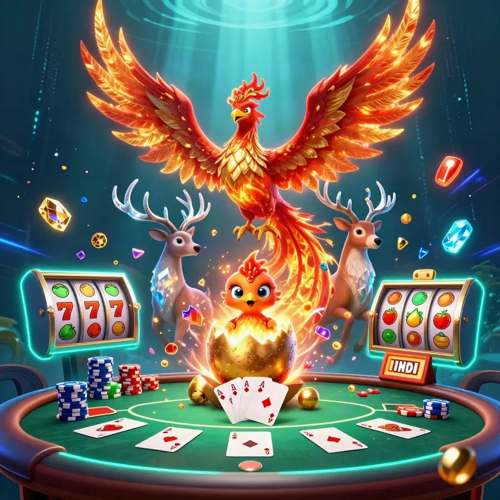 Phoenix, baby phoenix, and crystal stag amid casino treasure and teal cosmic glow
