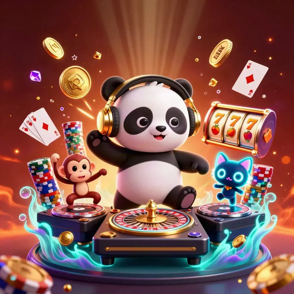 DJ panda, monkey, and glow kitten blasting casino coins and gems in cosmic neon teal light