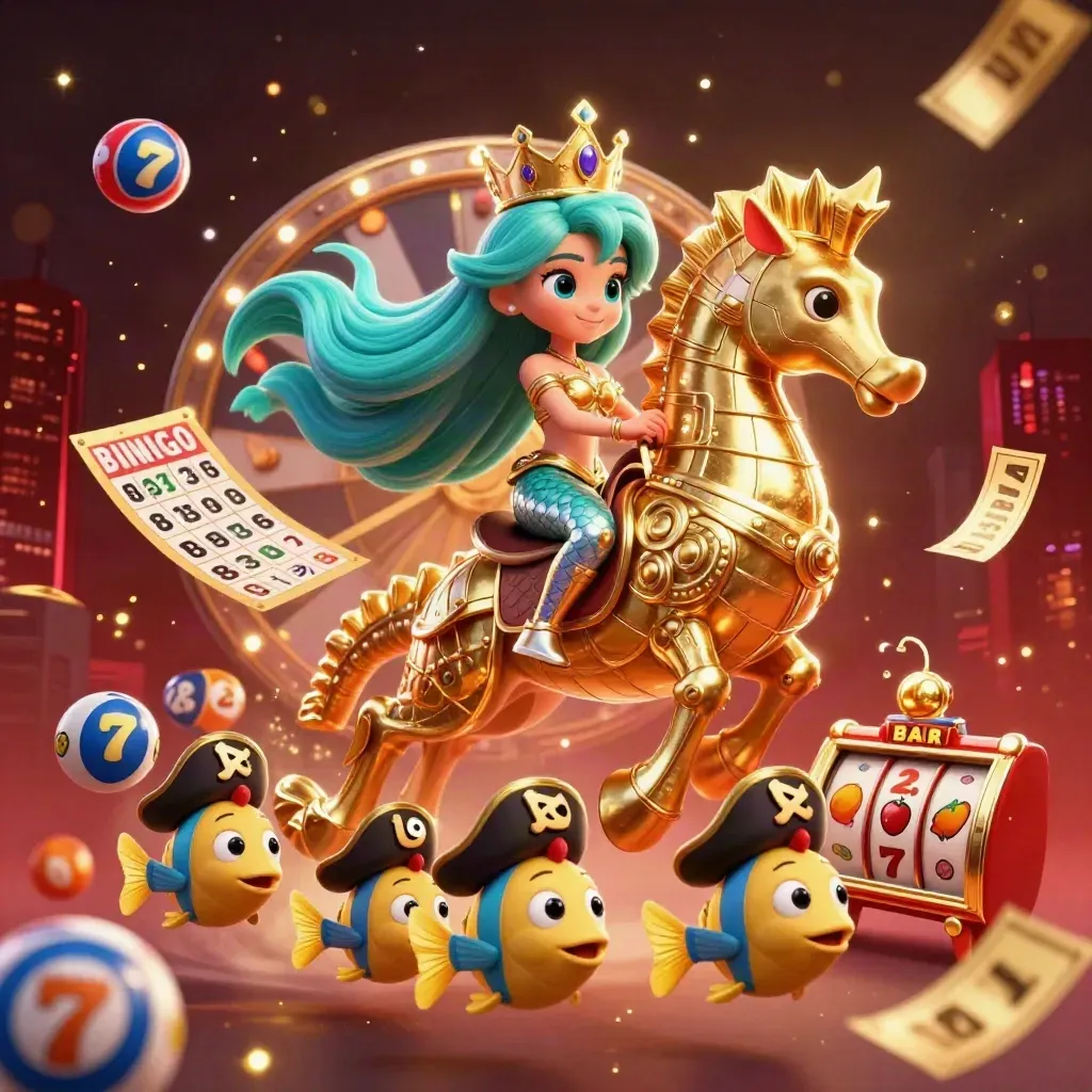 Mermaid princess rides armored seahorse as pirate fish, lottery balls and golden tickets burst in cosmic casino glow
