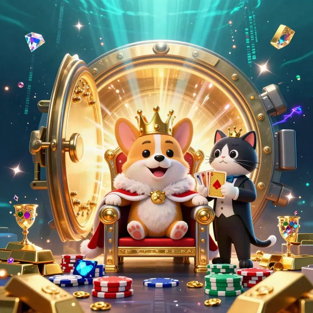 Royal corgi and cat butler on poker chips as a gold vault explodes in teal casino light