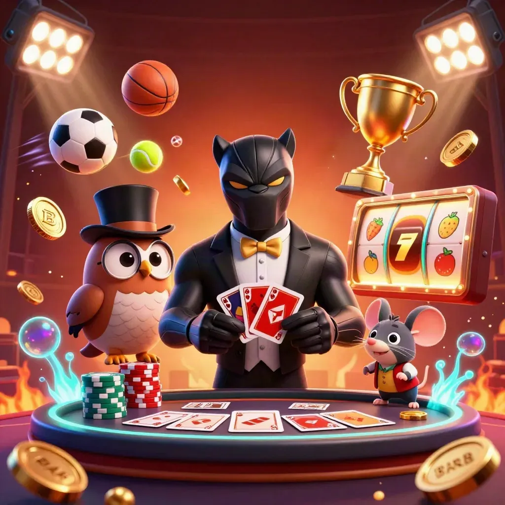 Panther, owl, and mouse in tuxedo casino chaos with sports balls, chips, trophy, and neon teal glow.