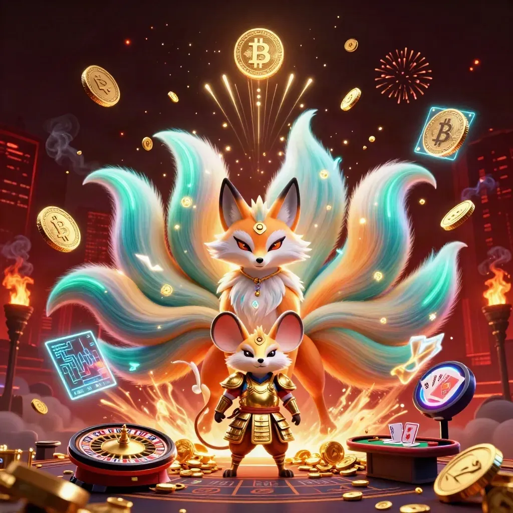 Fox spirit and samurai mouse amid coins, fireworks, casino symbols, and neon cyber glow.
