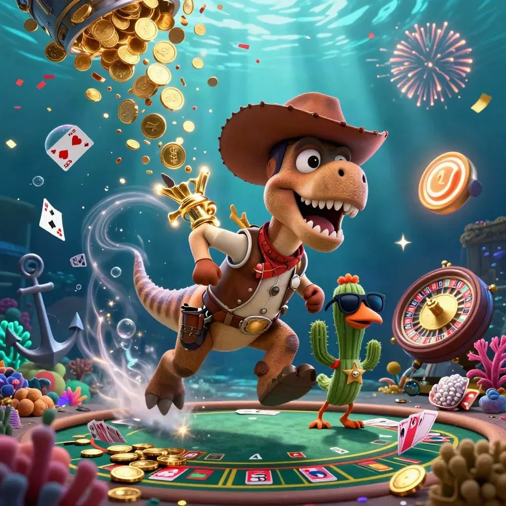 Cowboy T-Rex, cactus sidekick, and roadrunner amid coins, coral, fireworks, and casino glow