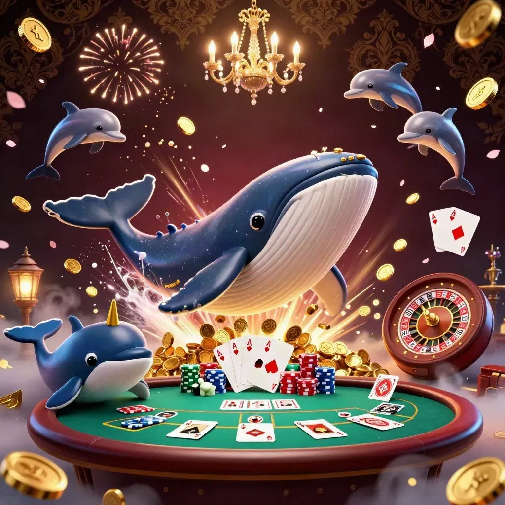 Whale captain, narwhal and dolphins burst through coins amid casino cards and glowing gold light.