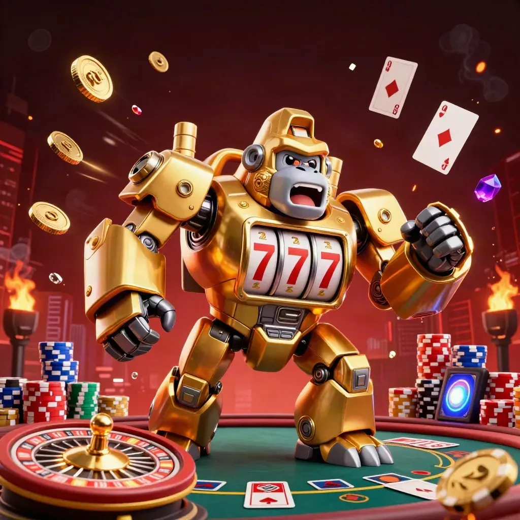 Golden gorilla mech and tiny monkey pilot amid coins, gems, roulette, cards, chips, and casino firelight.