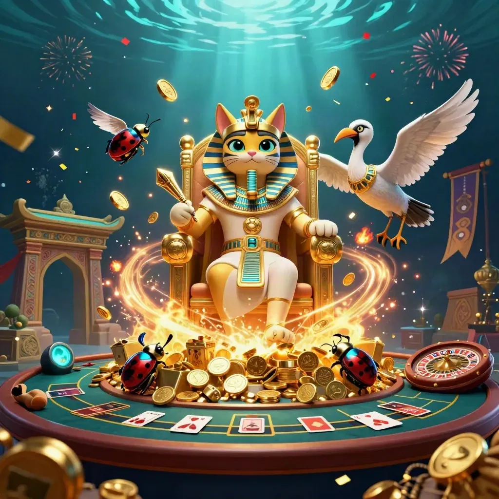 Pharaoh cat, ibis scribe, and gem-winged scarabs amid coins, fireworks, and cosmic casino glow.