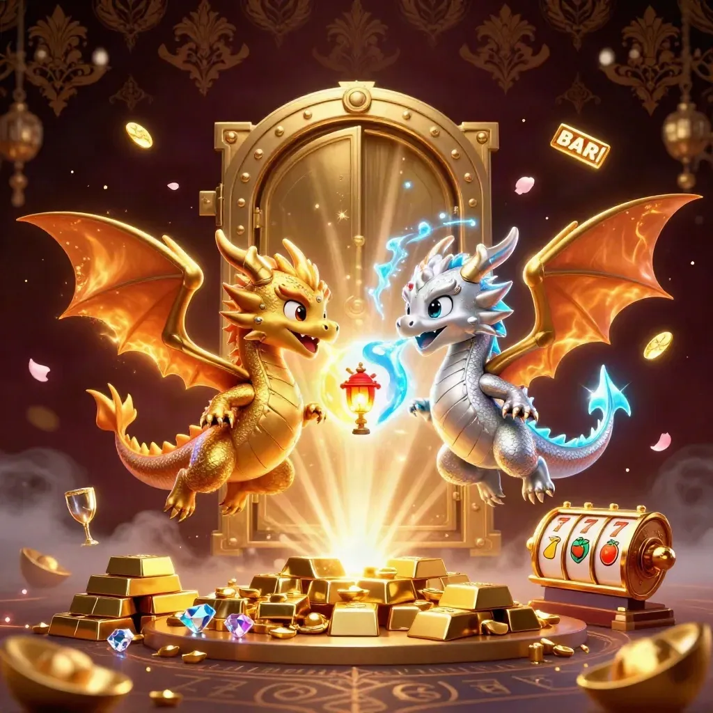 Gold and silver dragons spiral around a vault of treasure in a cosmic casino glow.