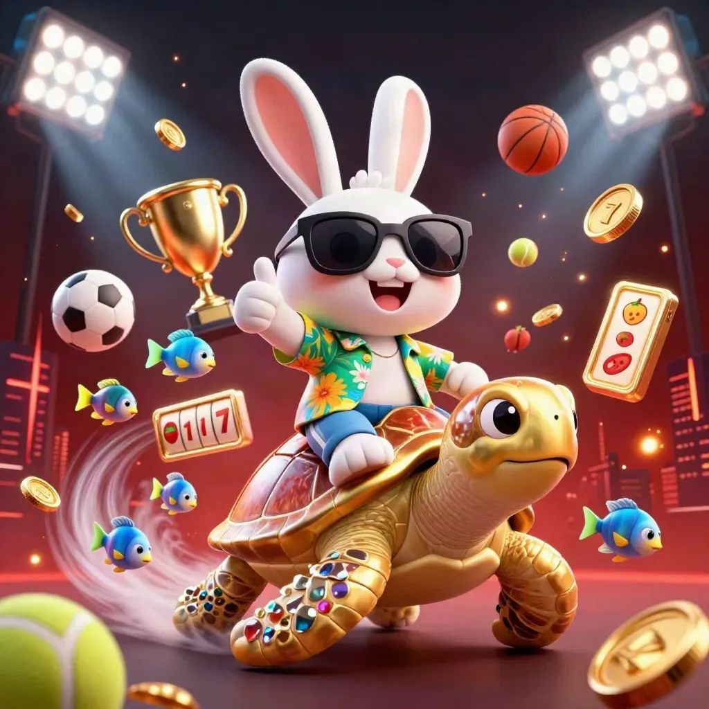 Lucky rabbit rides a gem turtle amid casino lights, coins, sports balls, and glowing reels.