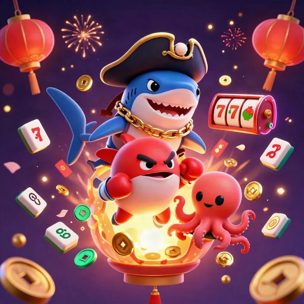 Pirate shark, boxing pufferfish, and coin-juggling octopus around a glowing lucky lantern