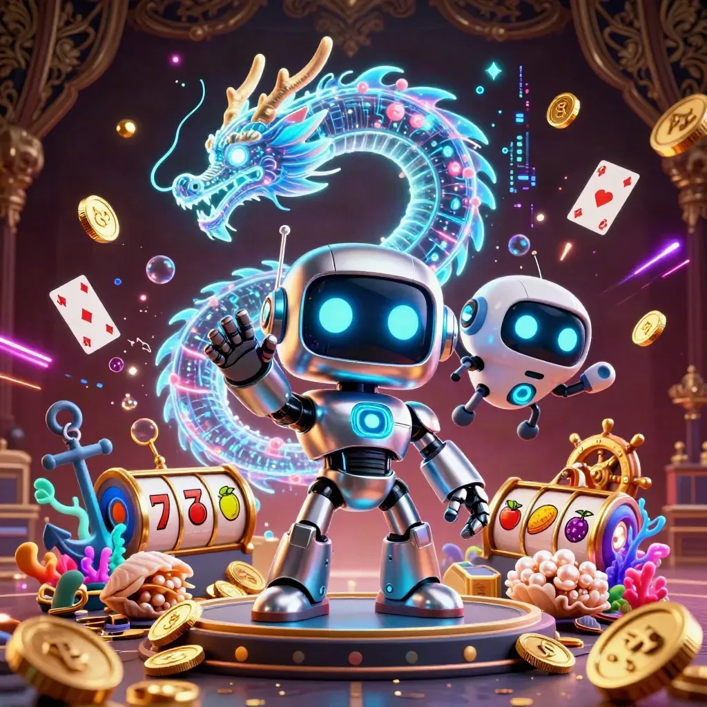 Cyberpunk robot, hologram dragon and coin drone amid gold coins, coral and casino symbols
