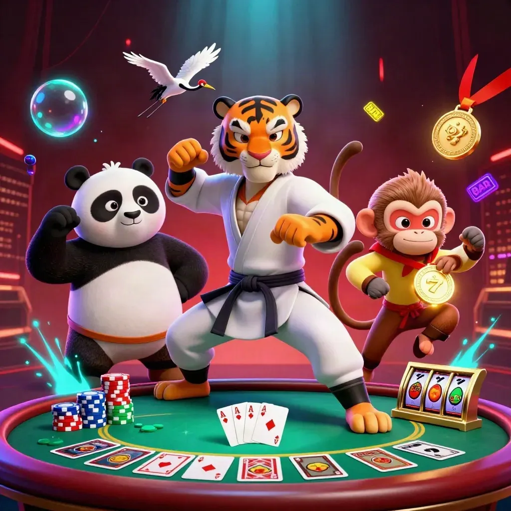 Kung-fu tiger, panda, and monkey amid casino chips, cards, slots, and cosmic neon glow.