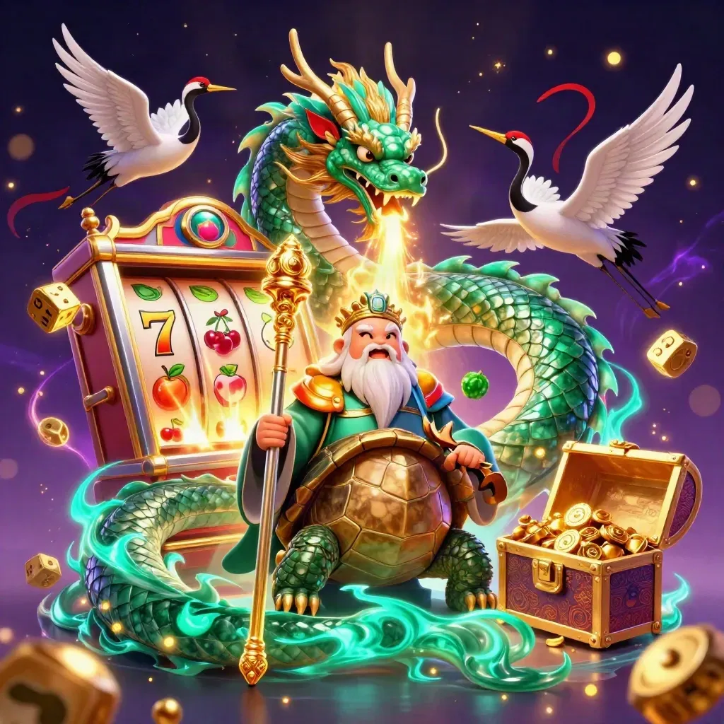 Emerald dragon, turtle sage, and cranes amid a jackpot slot burst in cosmic casino glow