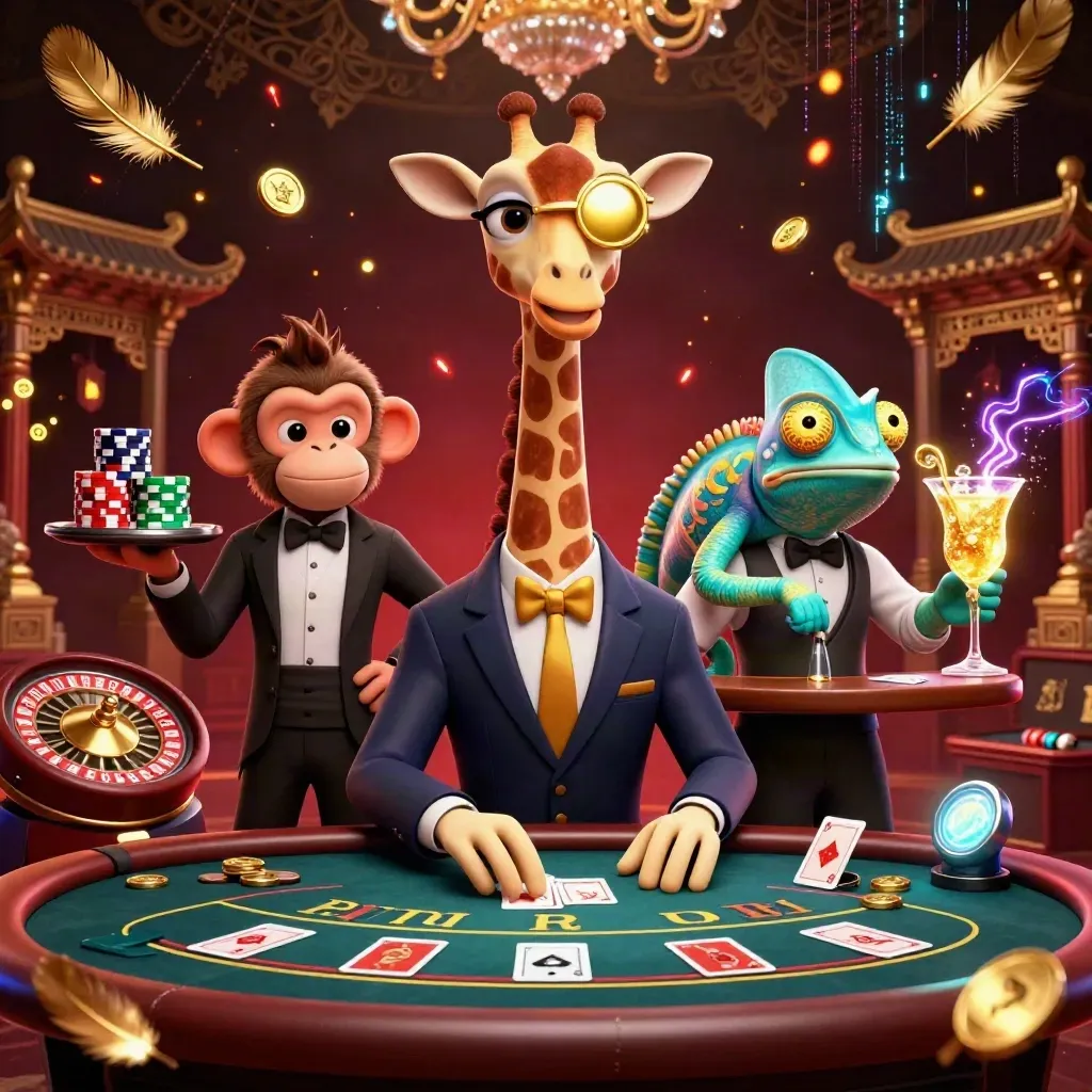 3D giraffe, monkey, and chameleon at a luxe neon poker table with gold coins and effects
