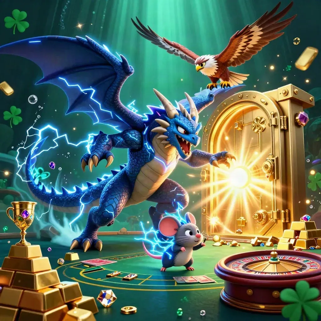 Thunder dragon, wind hawk, and static mouse amid casino loot and a glowing vault door.