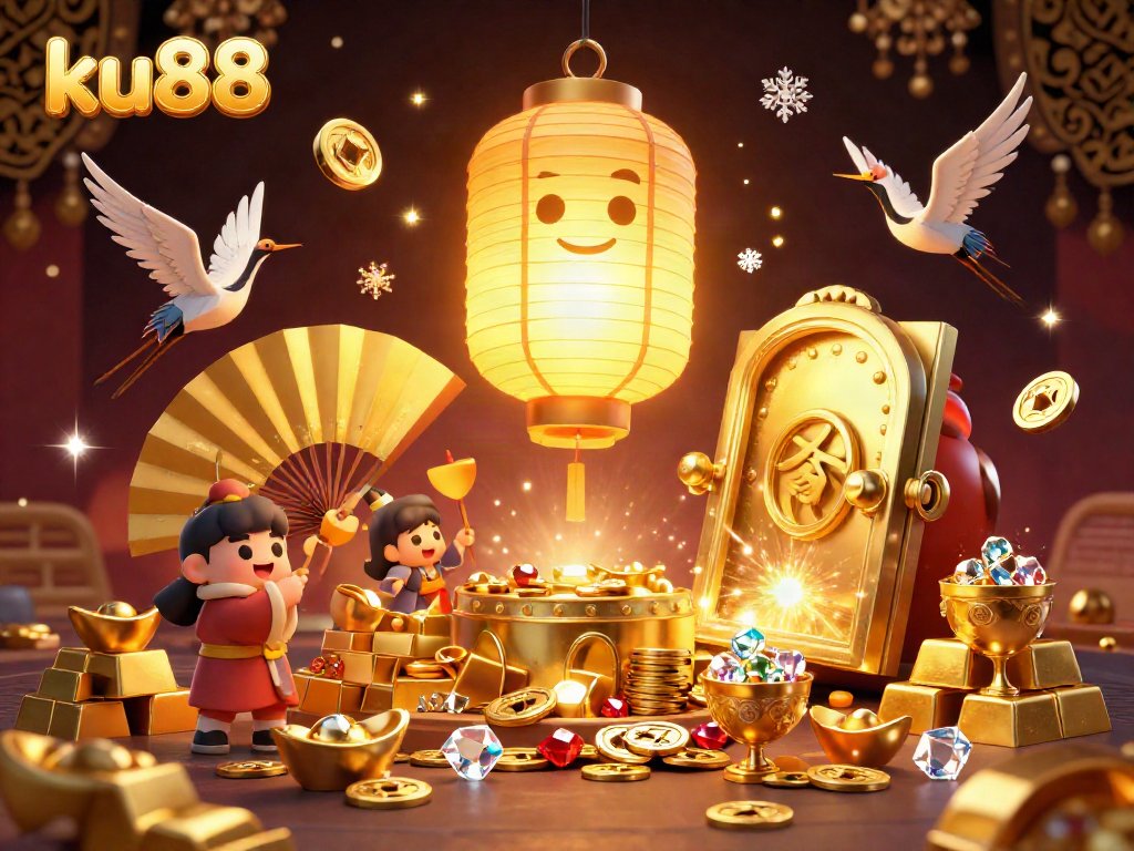 Experience thrilling gambling at ku88 with vibrant 3D spirits, treasures, and casino excitement.