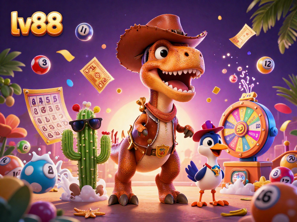 Experience the excitement of lv88 casino with a colorful and dynamic 3D illustration full of action.