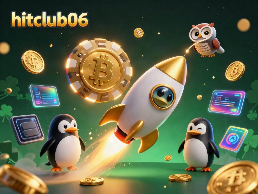 Experience the thrill at hitclub06 with a playful penguin and dazzling crypto elements in a rich casino scene.
