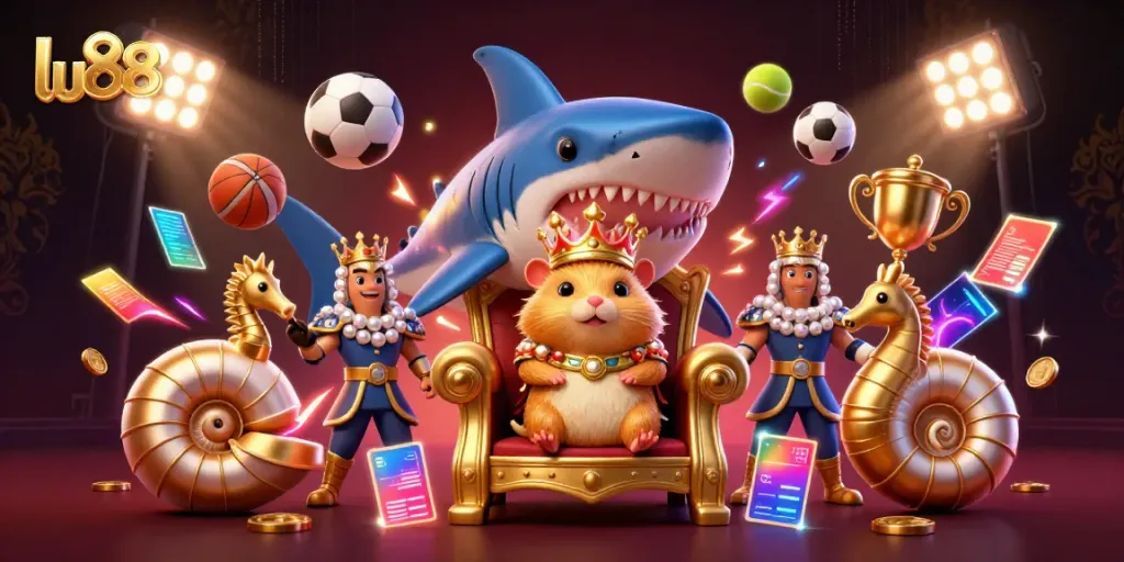 Experience the vibrant thrill of lu88 with a cartoonish golden hamster king on a megalodon throne amidst dynamic sports betting elements.