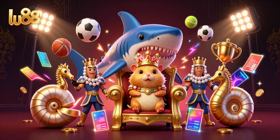Experience the vibrant thrill of lu88 with a cartoonish golden hamster king on a megalodon throne amidst dynamic sports betting elements.