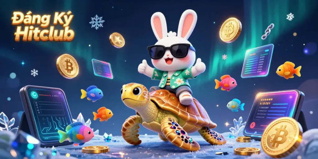 Winning at Đăng Ký Hitclub with vibrant casino-themed visuals showcasing cryptocurrency elements.