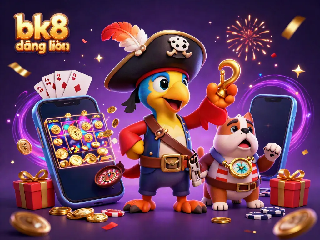 Experience the thrill of bk8 đăng nhập with vibrant casino elements like coins and cards!