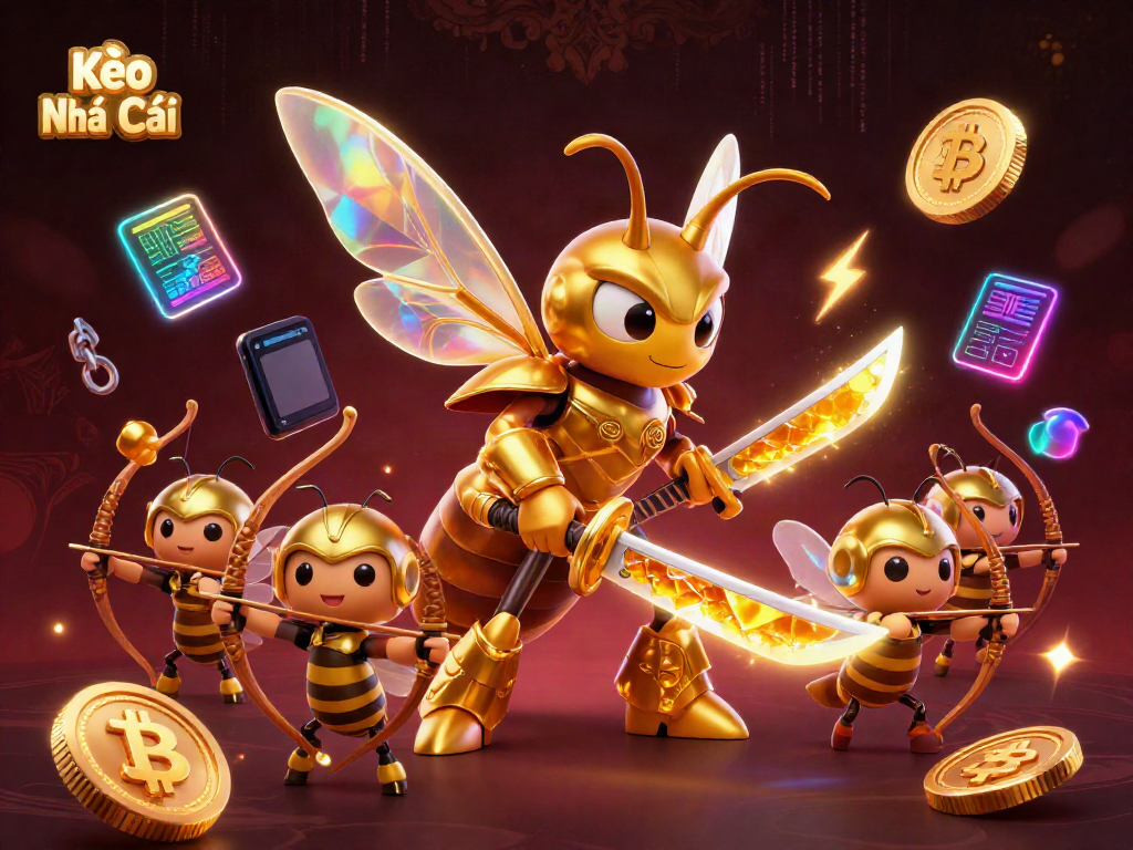 Engage with the vibrant Kèo Nhà Cái scene featuring a samurai hornet and bee archers, set in an electrifying casino atmosphere.