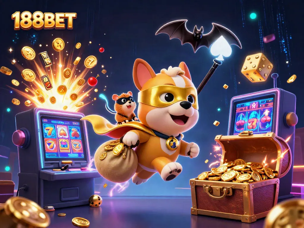 Experience exhilarating gameplay with 188BET through an action-packed 3D casino illustration featuring vibrant characters and gaming elements.