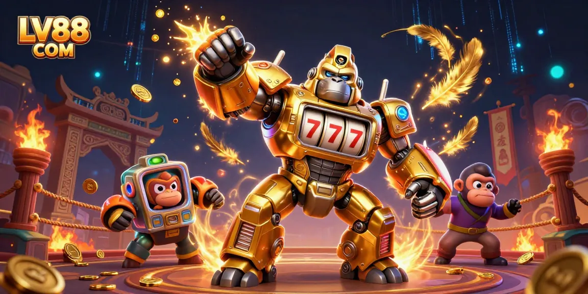 Engage in thrilling adventures at LV88 COM with an energetic illustration of a golden gorilla mech and dynamic casino elements.