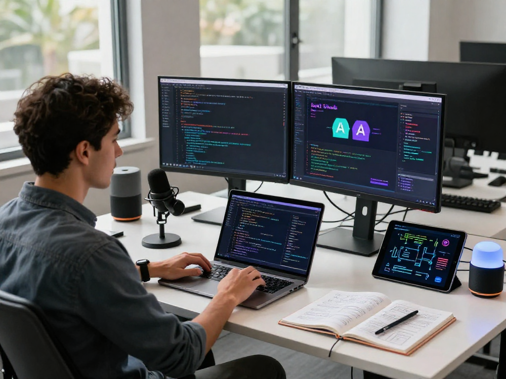 Engaging tech workspace with a developer coding a juicy ai chat interface, showcasing modern tools and environment.