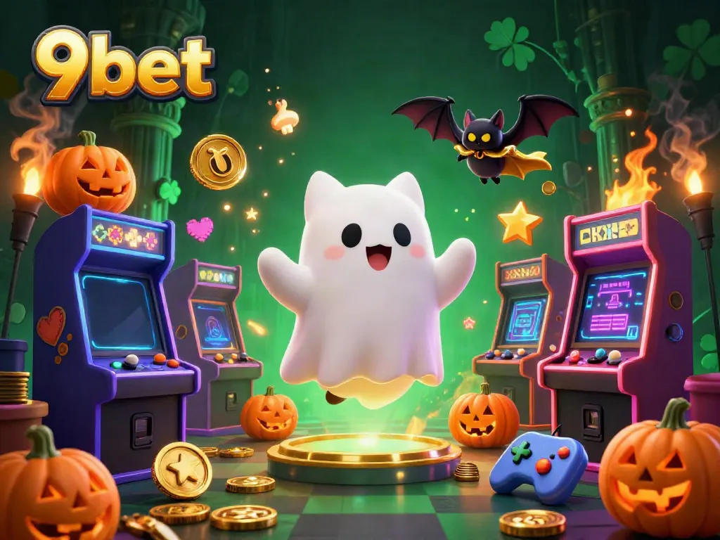 Catch the excitement at 9bet with a lively casino scene featuring festive characters and gaming elements.