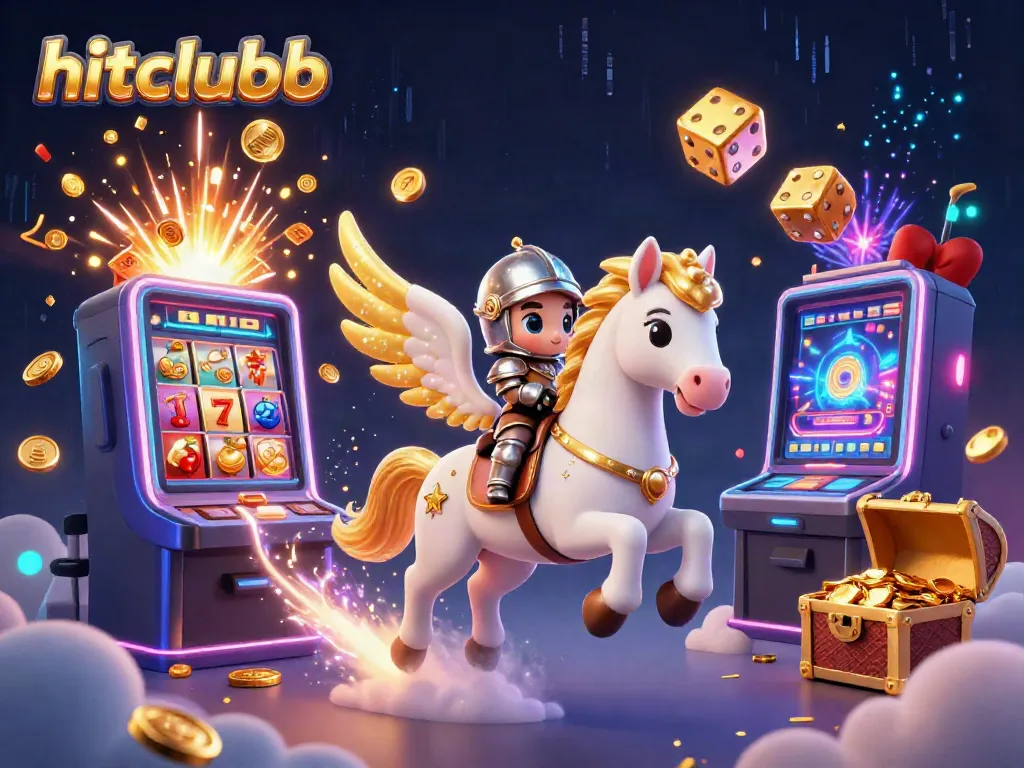 Hitclubb showcases a triumphant knight riding a celestial horse amidst a jackpot explosion, symbolizing winning in gambling.