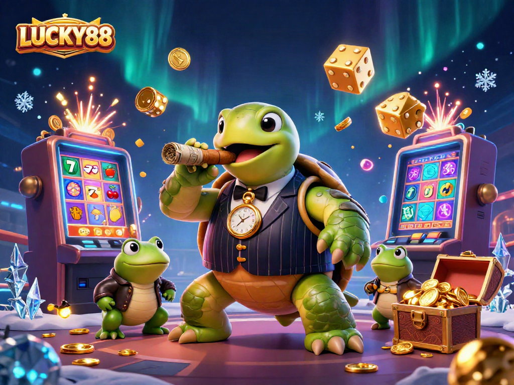 Spin unmatched jackpots with LUCKY88, featuring animated casino characters and a lively atmosphere.