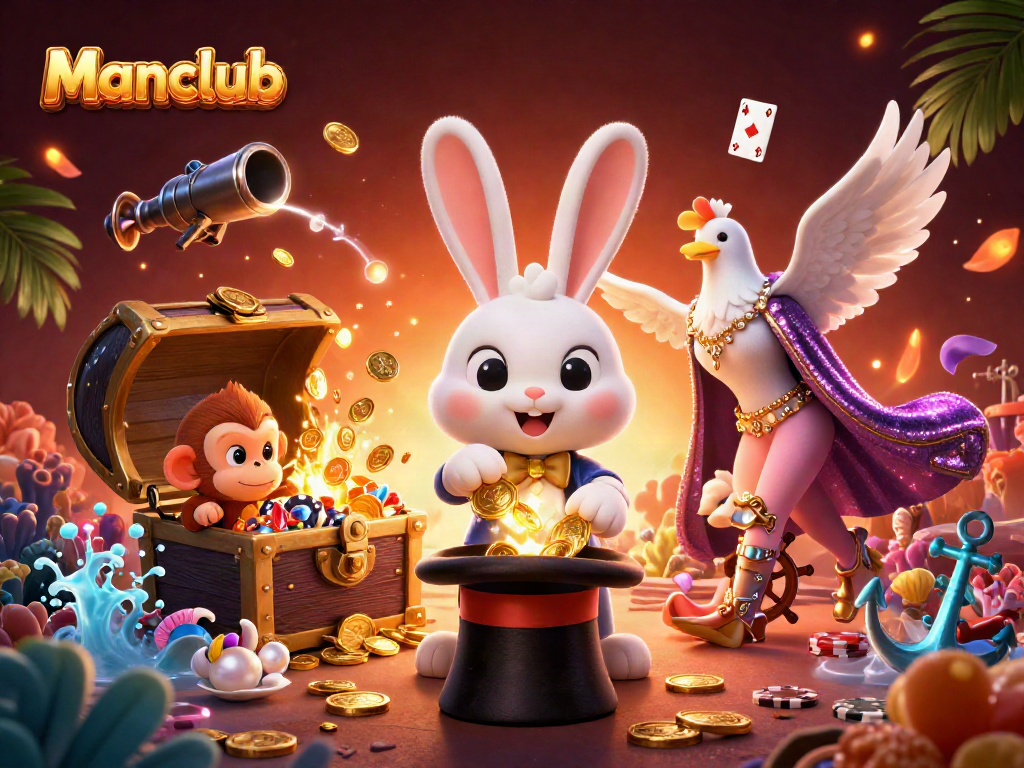 Manclub showcases thrilling gambling action with a cartoon magician rabbit and vibrant casino elements.