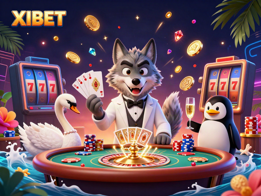 Play baccarat and win with XIBET's vibrant illustration featuring a classy wolf dealer and elegant characters.