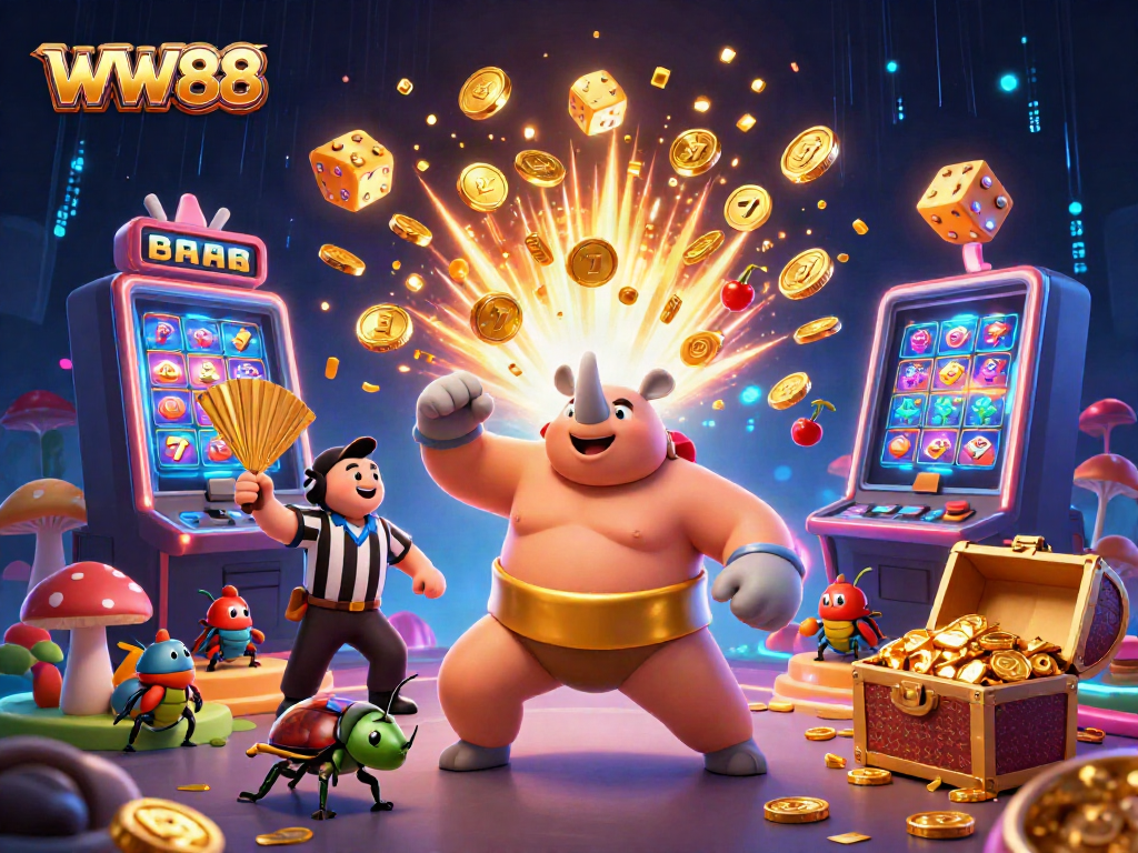 Experience thrilling gameplay at WW88 with a dynamic scene of a rhinoceros beetle champion amidst flying coins and casino elements.