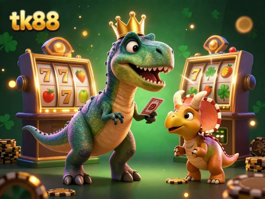 Engage with tk88 poker play featuring a T-Rex, pterodactyl, and triceratops in a lively casino scene.