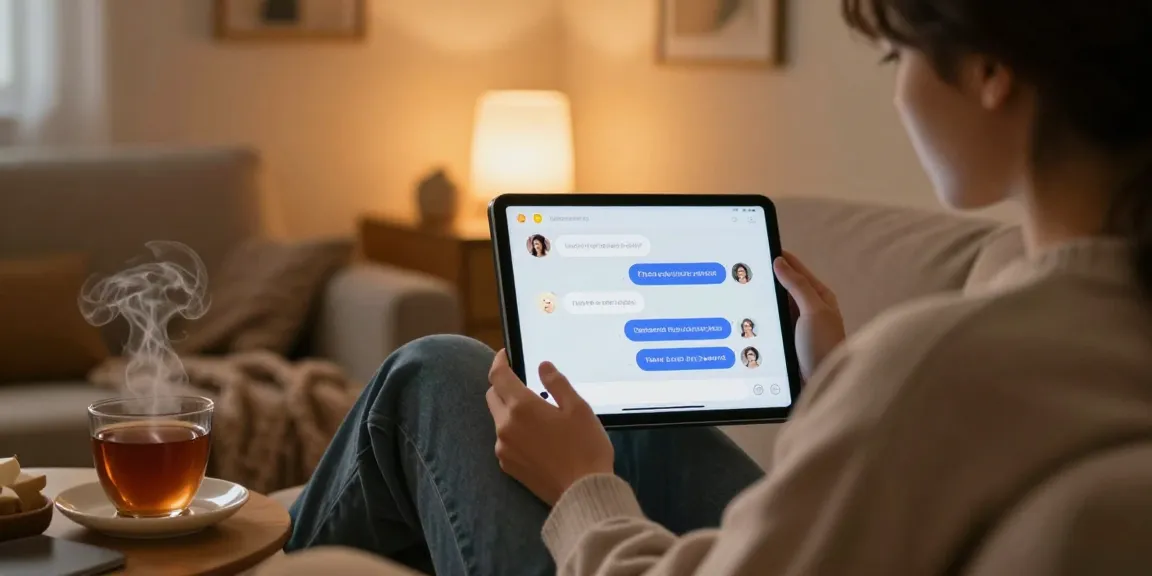 Engaging in AI sex chat on a tablet in a cozy atmosphere with soft lighting