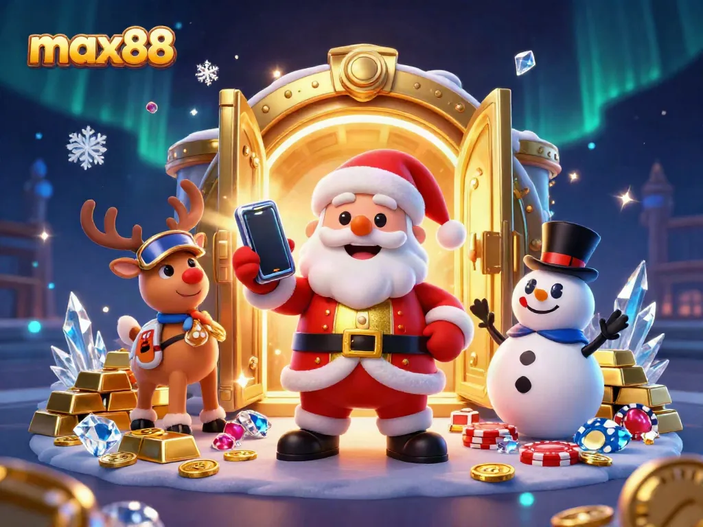 Max88 casino illustration featuring a Santa-themed character and iconic gambling elements.