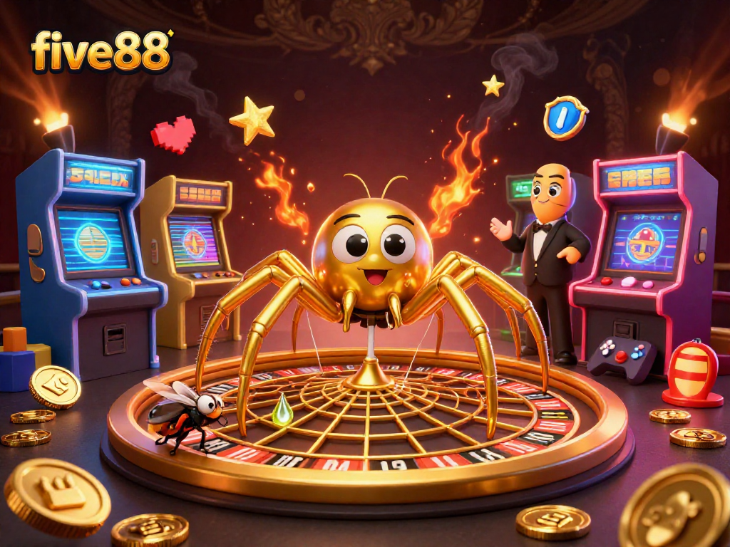 Experience the thrill of betting at five88 with a cartoon spider spinning a golden roulette web.