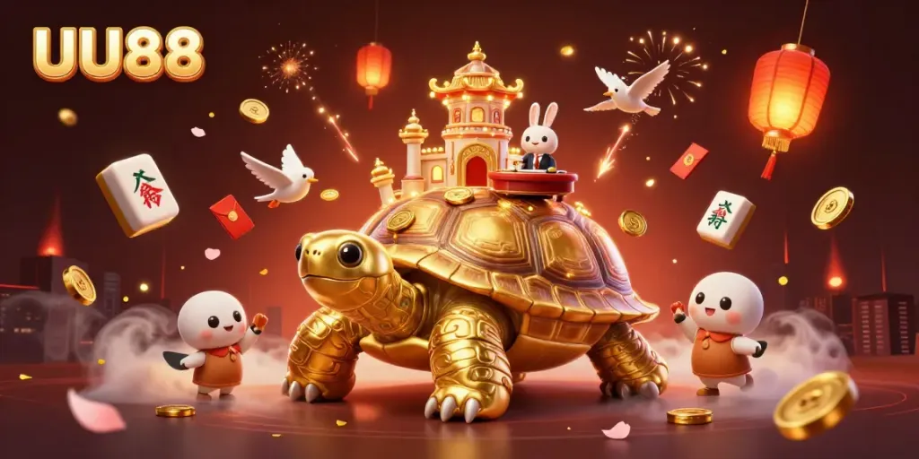 Win big with UU88 in a vibrant casino scene featuring a golden tortoise and festive elements.