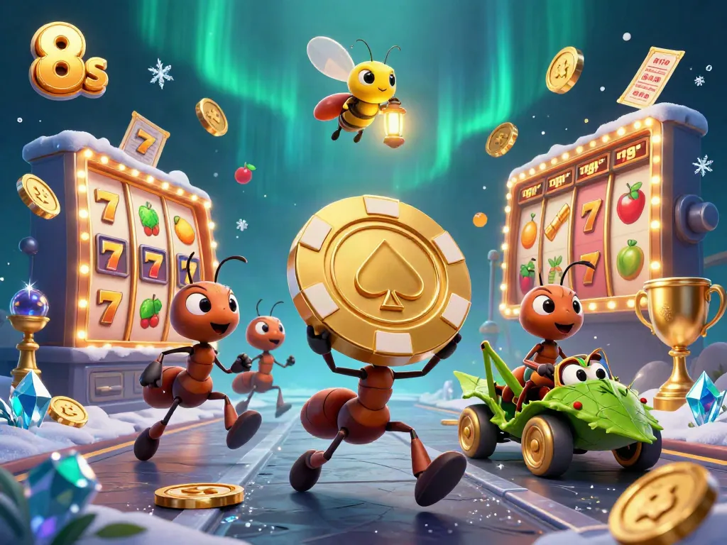 8s-themed illustration of cartoon ants capturing a giant poker chip amid vibrant casino symbols.